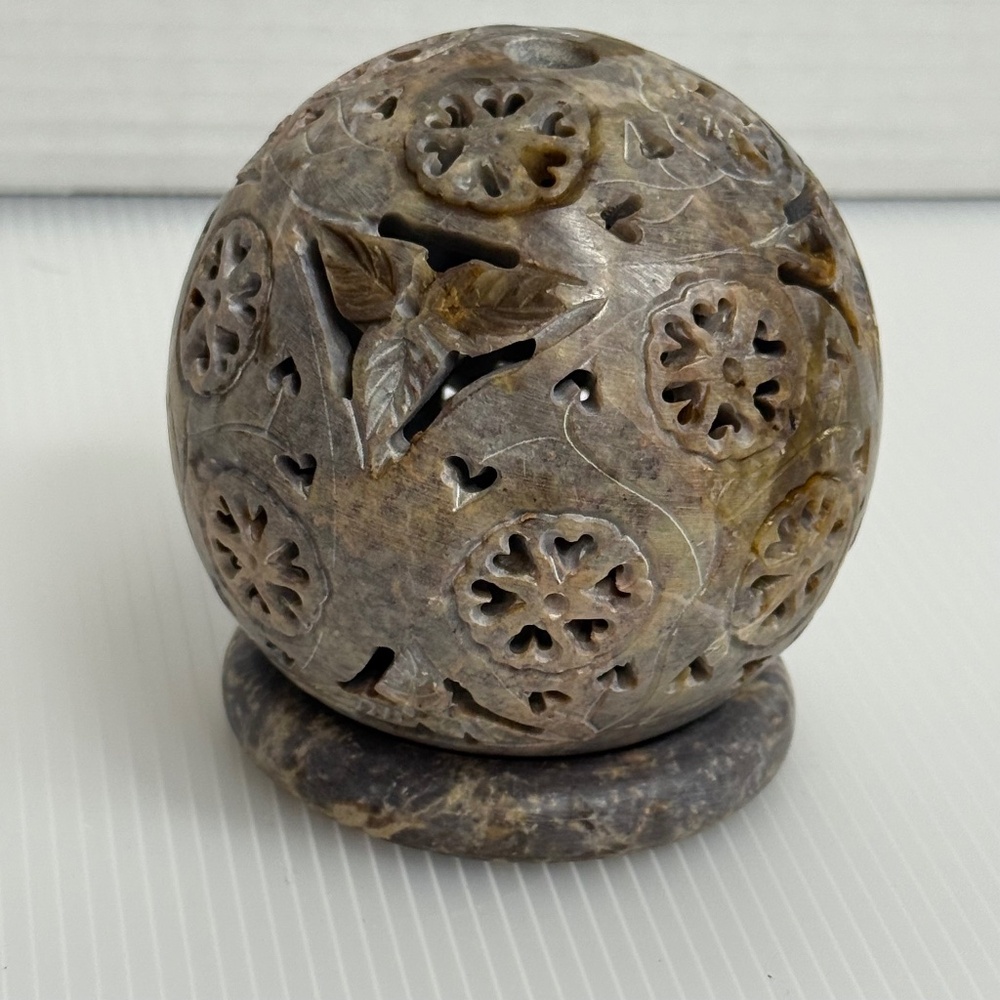 Hand Carved Soap Stone Tea light/Incense holder Orb/Sphere with Base Tribal